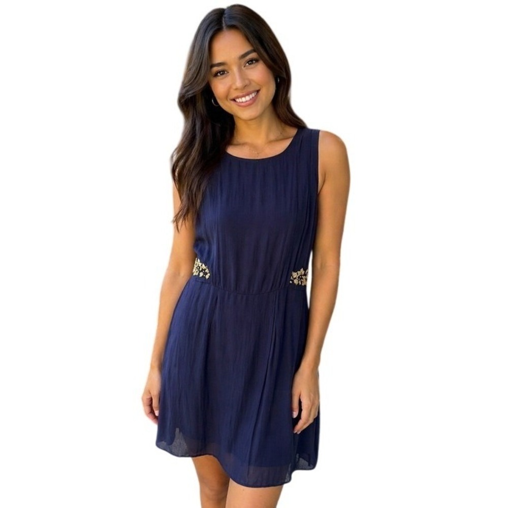 ZARA BASIC. Beautiful Sleeveless Navy dress, gold‎ embroidery on  sides o…
